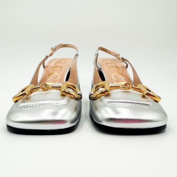 Gucci Baby Horsebit Metallic Silver Slingback Block Heels Size 37.5, 7.5 - Picture 8 of 16